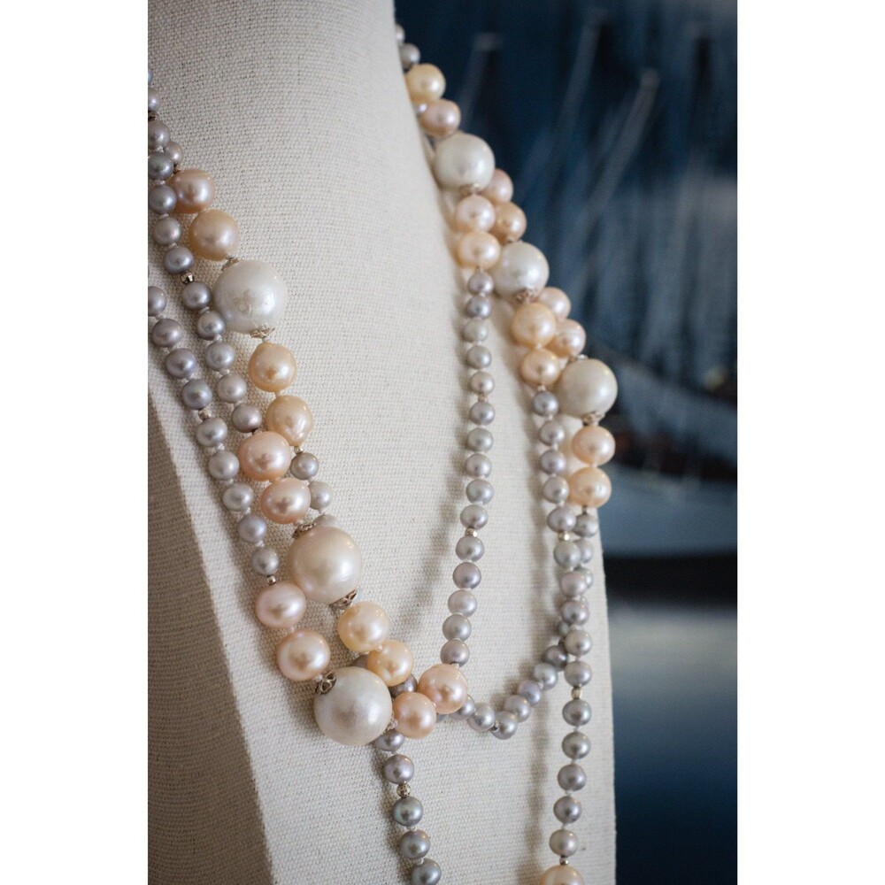 Hand Knotted 78 Pearl Rope Necklace, Sterling Silver Clasp, Mixed Color Freshwat
